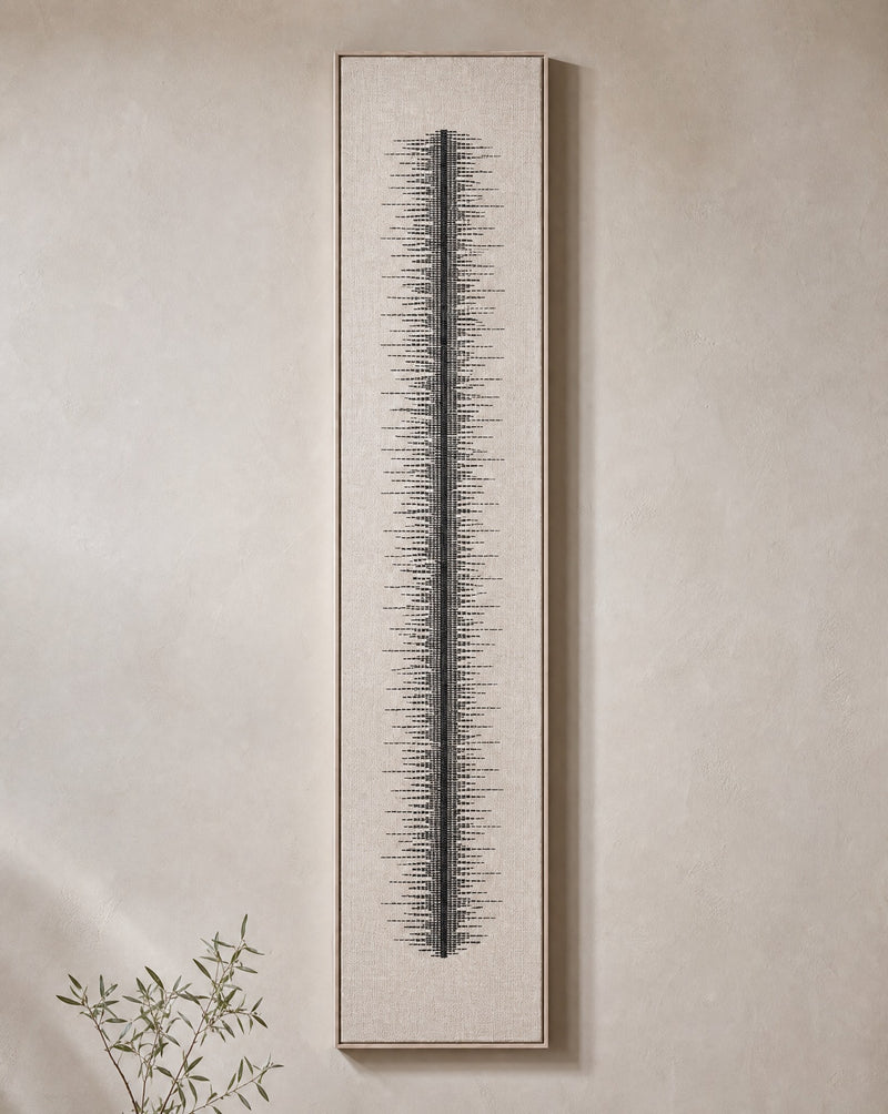 Linea tall slim handwoven two-ply wool tapestry in a slim pine frame shown on the wall of a warm minimalist interior, framed textile wall art by Lale Studio & Shop