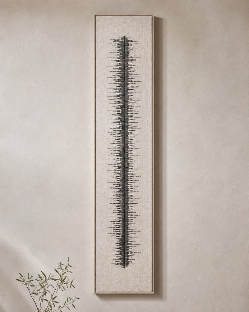 Linea tall slim handwoven two-ply wool tapestry in a slim pine frame shown on the wall of a warm minimalist interior, framed textile wall art by Lale Studio & Shop