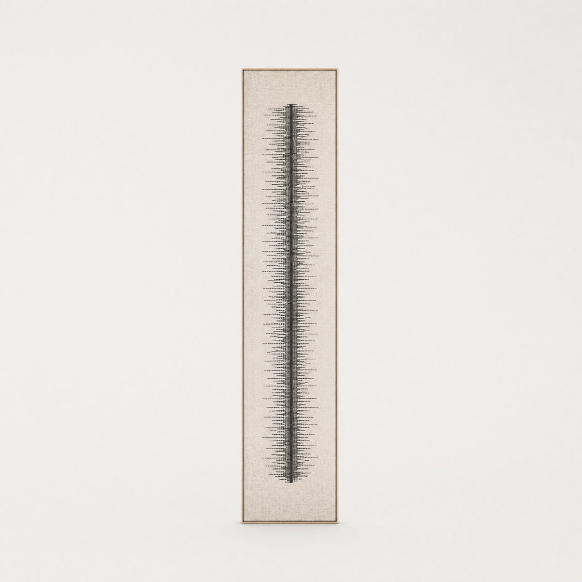 Linea tall slim minimalist handwoven two-ply wool tapestry with a vertical line composition in natural cream, in a slim pine frame, framed textile wall art by Lale Studio & Shop