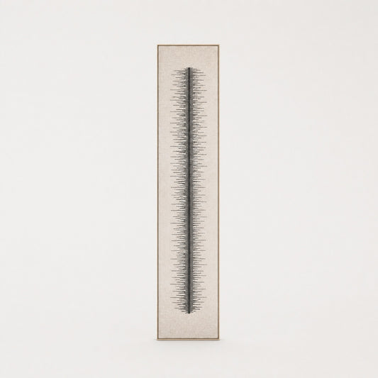 Linea tall slim minimalist handwoven two-ply wool tapestry with a vertical line composition in natural cream, in a slim pine frame, framed textile wall art by Lale Studio & Shop