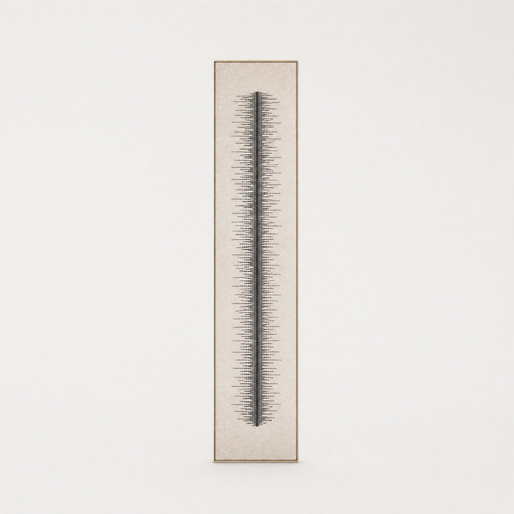 Linea tall slim minimalist handwoven two-ply wool tapestry with a vertical line composition in natural cream, in a slim pine frame, framed textile wall art by Lale Studio & Shop
