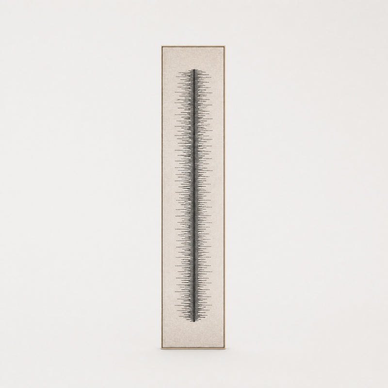 Linea tall slim minimalist handwoven two-ply wool tapestry with a vertical line composition in natural cream, in a slim pine frame, framed textile wall art by Lale Studio & Shop