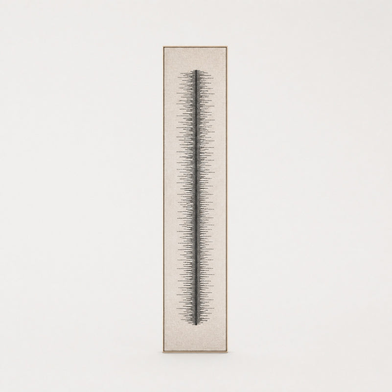 Linea tall slim minimalist handwoven two-ply wool tapestry with a vertical line composition in natural cream, in a slim pine frame, framed textile wall art by Lale Studio & Shop