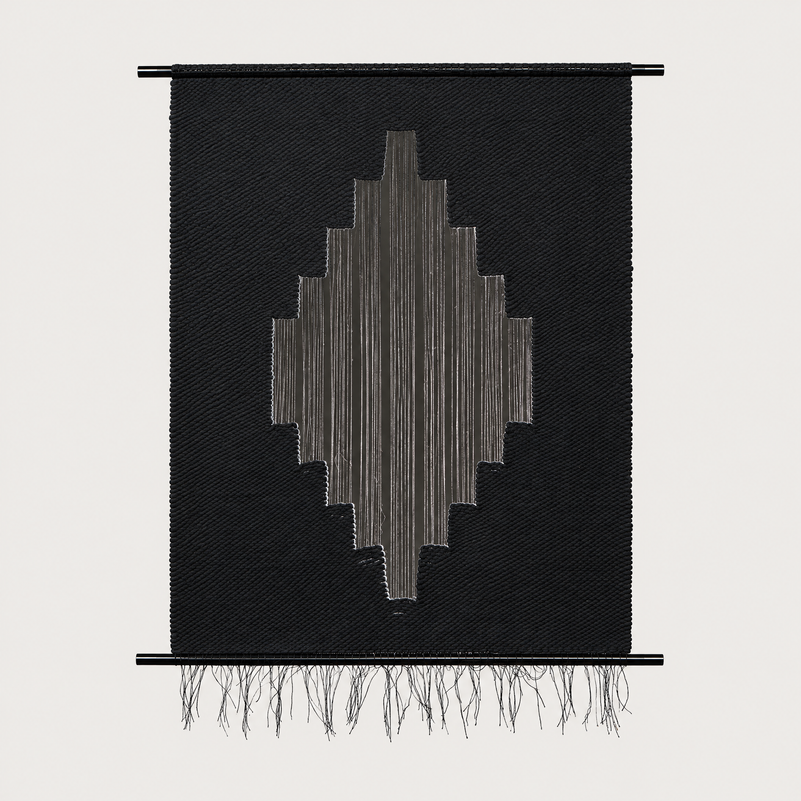 Lohe handwoven black cotton wall hanging with a stepped diamond motif on slim black metal rods, Lale Studio & Shop