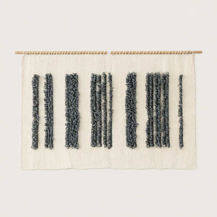 Luna handwoven cotton wall hanging with grey barcode pattern on a bamboo rod, Lale Studio & Shop
