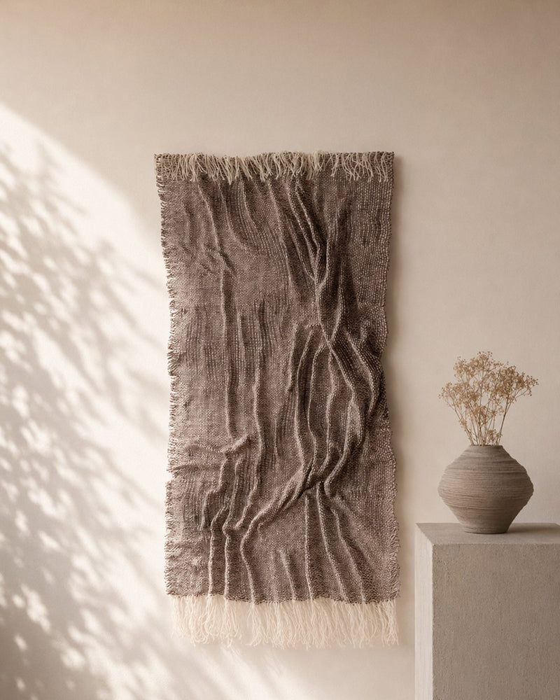 Lutum woven earth relief textile wall art in a calm natural interior, Lale Studio & Shop