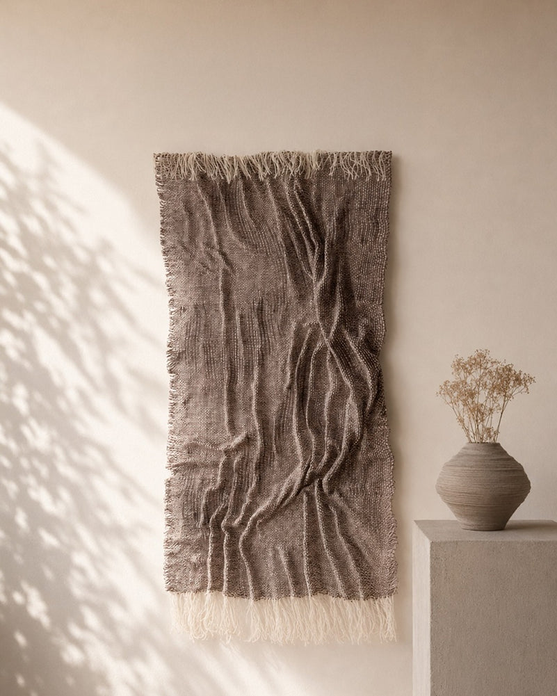Lutum woven earth relief textile wall art in a calm natural interior, Lale Studio & Shop