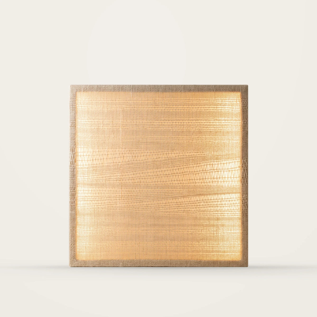 Ma illuminated wool tapestry — front view, warm light, neutral studio background
