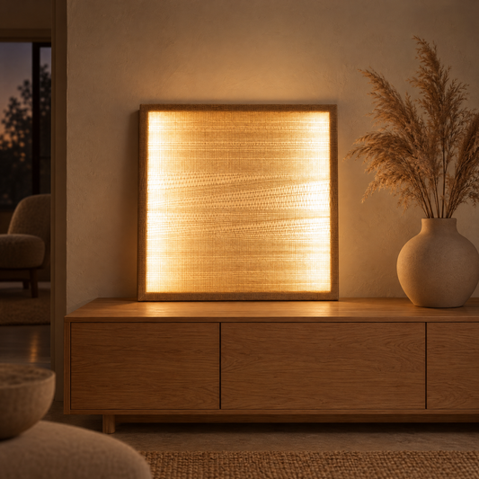 Ma illuminated handwoven wool tapestry standing on an oak sideboard in a warm evening interior, Lale Studio Shop