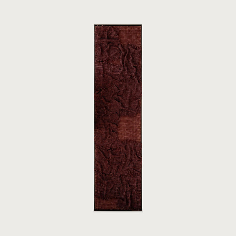 Magran tall vertical handwoven two-ply wool sculpture in deep burgundy within a solid wooden frame by Lale Studio & Shop