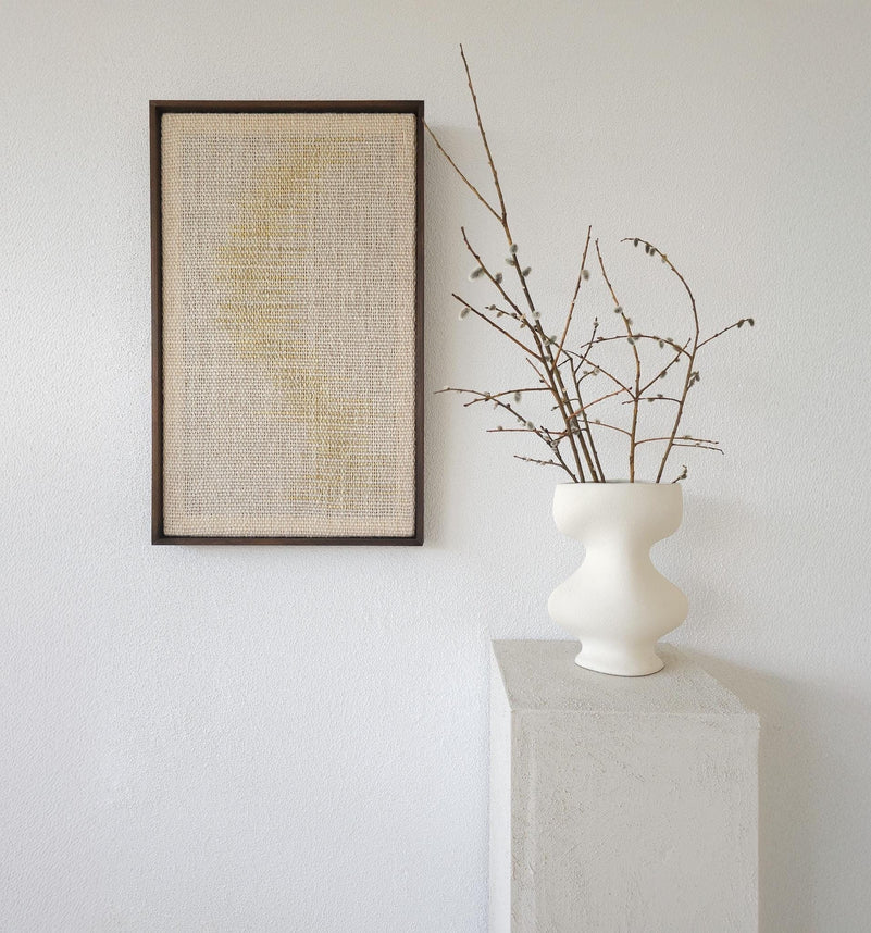 Millip framed handwoven wool wall art in natural, grey and green tones in a slim solid wood frame, by Lale Studio & Shop