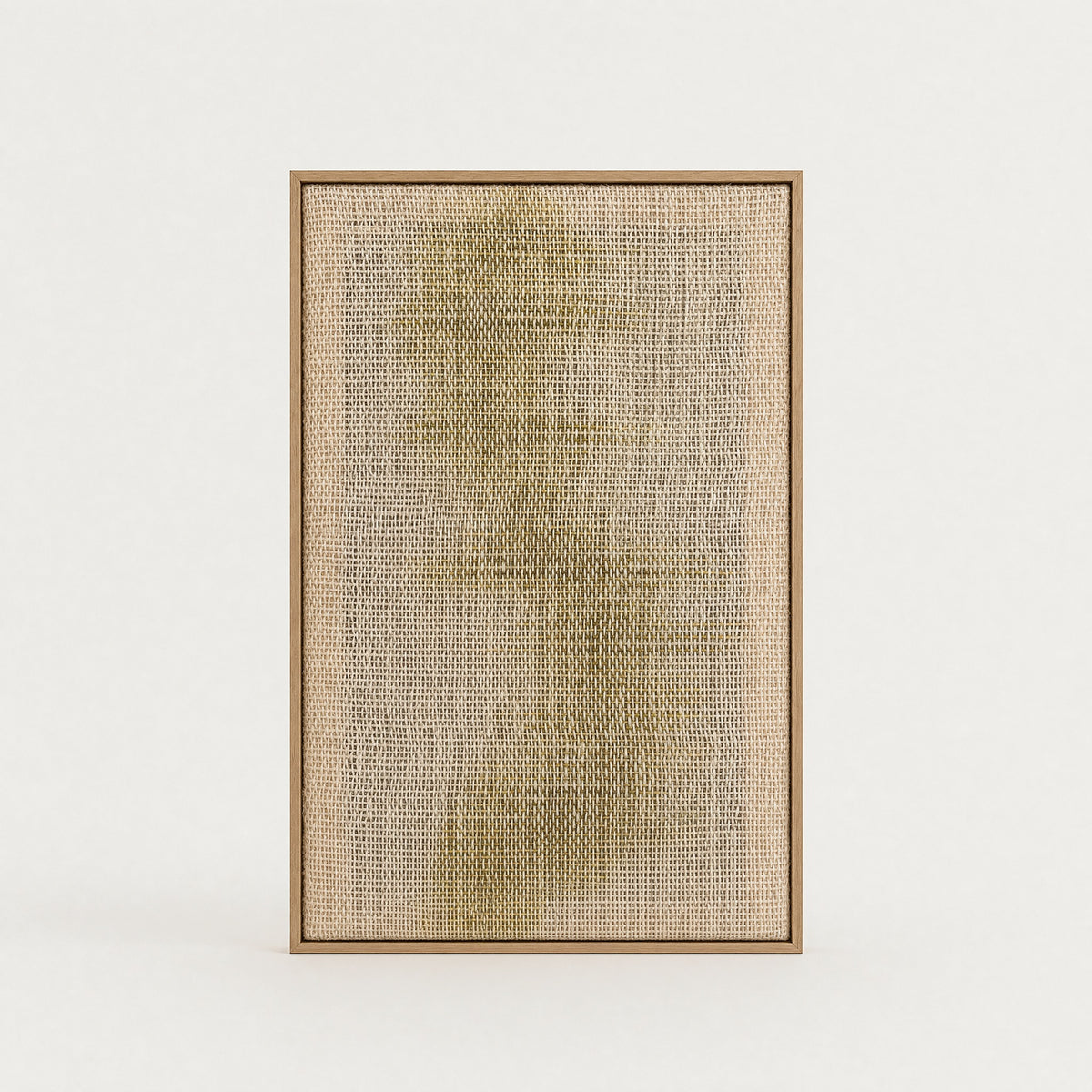 Millip handwoven two-ply wool tapestry, an airy open cream and sand weave with a soft olive-gold wash, in a slim light oak frame, framed textile wall art by Lale Studio & Shop