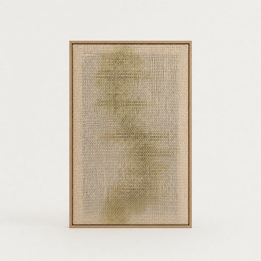Millip handwoven two-ply wool tapestry, an airy open cream and sand weave with a soft olive-gold wash, in a slim light oak frame, framed textile wall art by Lale Studio & Shop