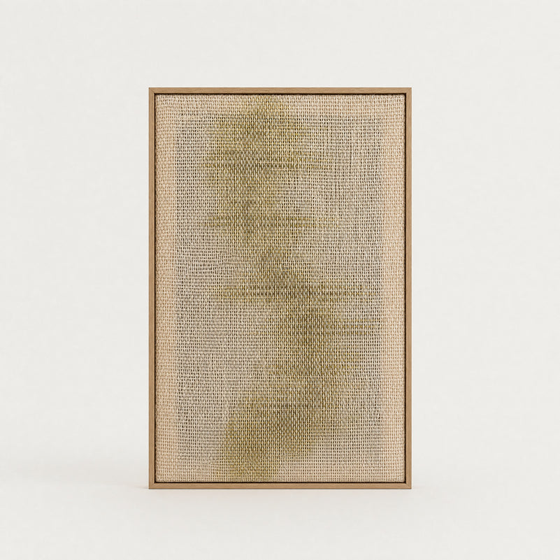 Millip handwoven two-ply wool tapestry, an airy open cream and sand weave with a soft olive-gold wash, in a slim light oak frame, framed textile wall art by Lale Studio & Shop
