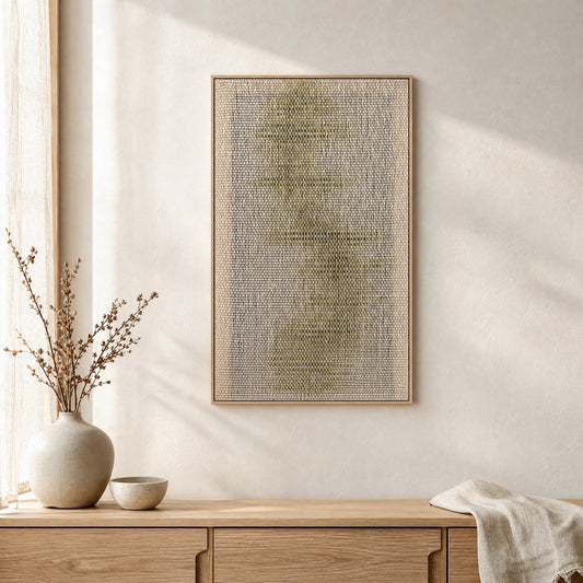 Millip handwoven two-ply wool tapestry with a soft olive wash in a slim oak frame, styled on a warm-white wall above a light oak console in a bright japandi living room, Lale Studio & Shop