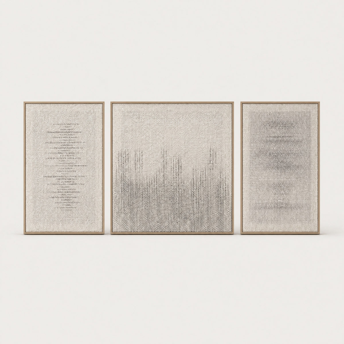 Mist Triptych set of three handwoven wool tapestries with a soft misty gradient in slim oak frames, framed textile wall art by Lale Studio & Shop
