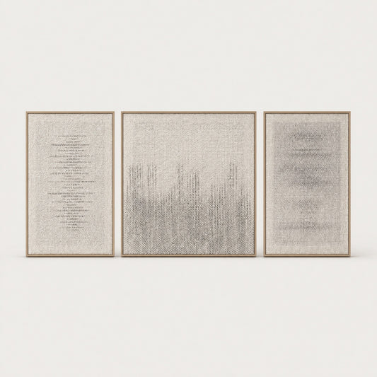 Mist Triptych set of three handwoven wool tapestries with a soft misty gradient in slim oak frames, framed textile wall art by Lale Studio & Shop