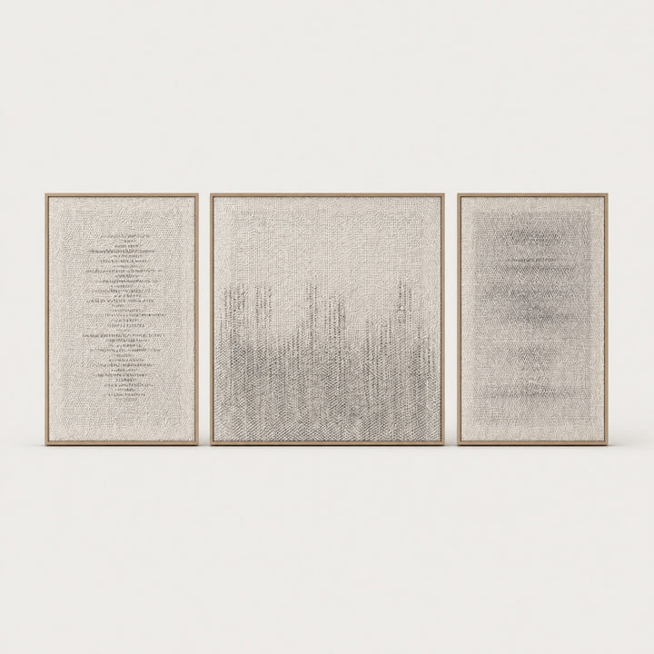 Mist Triptych set of three handwoven wool tapestries with a soft misty gradient in slim oak frames, framed textile wall art by Lale Studio & Shop