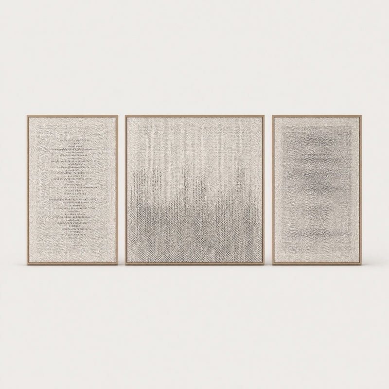Mist Triptych set of three handwoven wool tapestries with a soft misty gradient in slim oak frames, framed textile wall art by Lale Studio & Shop