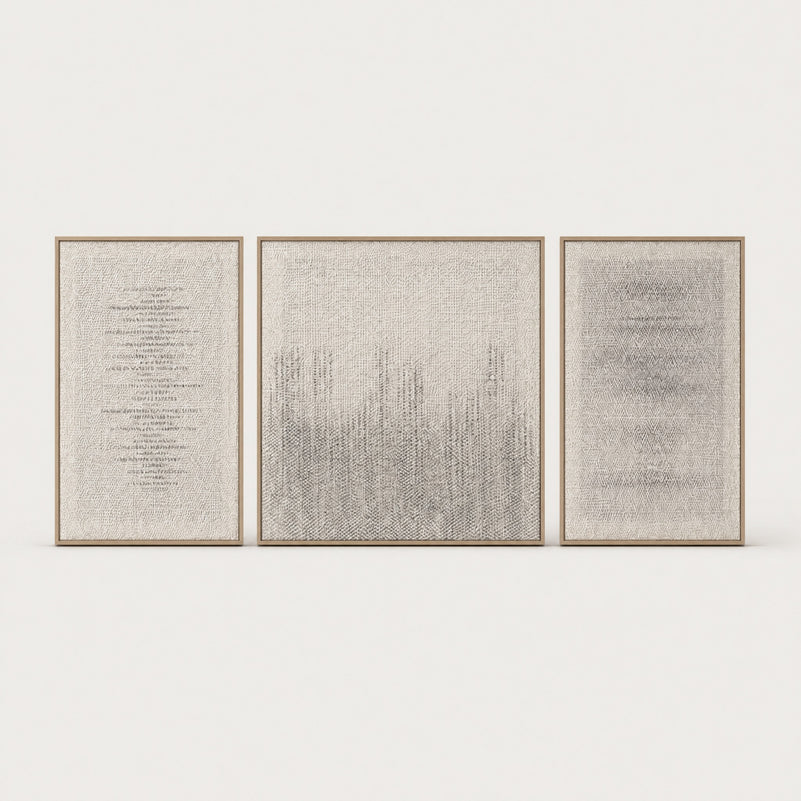 Mist Triptych set of three handwoven wool tapestries with a soft misty gradient in slim oak frames, framed textile wall art by Lale Studio & Shop