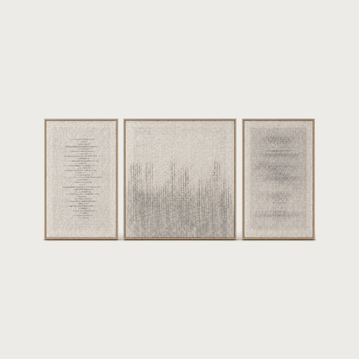 Mist Triptych set of three handwoven two-ply wool tapestries in solid oak frames by Lale Studio & Shop