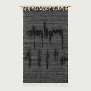 Misty Ink handwoven charcoal wool wall hanging on bamboo rod, packshot, Lale Studio & Shop