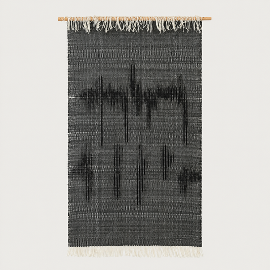 Misty Ink handwoven charcoal wool wall hanging on bamboo rod, packshot, Lale Studio & Shop