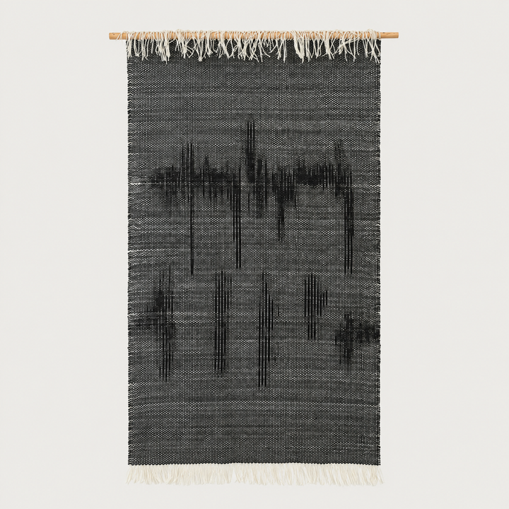 Misty Ink handwoven charcoal wool wall hanging on bamboo rod, packshot, Lale Studio & Shop