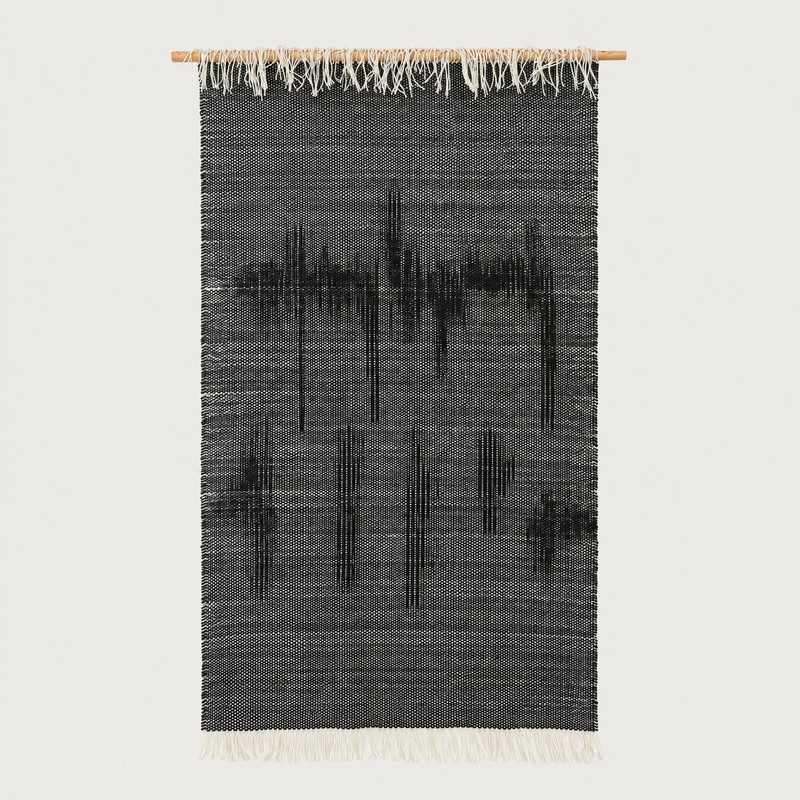 Misty Ink handwoven charcoal wool wall hanging on bamboo rod, packshot, Lale Studio & Shop