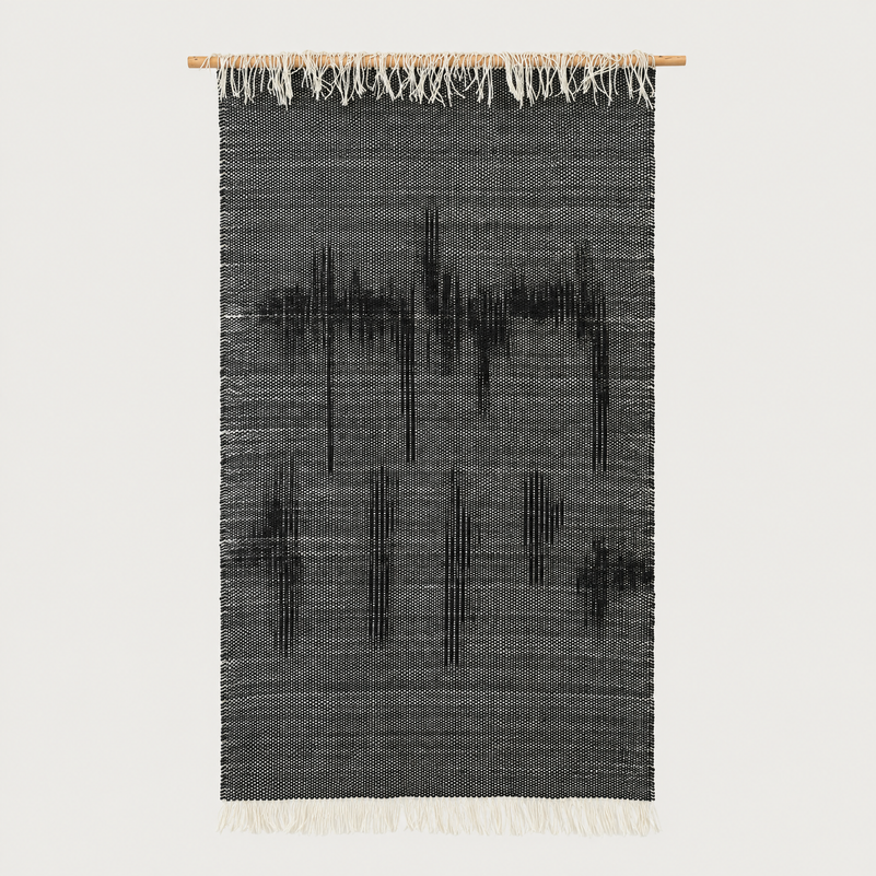 Misty Ink handwoven charcoal wool wall hanging on bamboo rod, packshot, Lale Studio & Shop