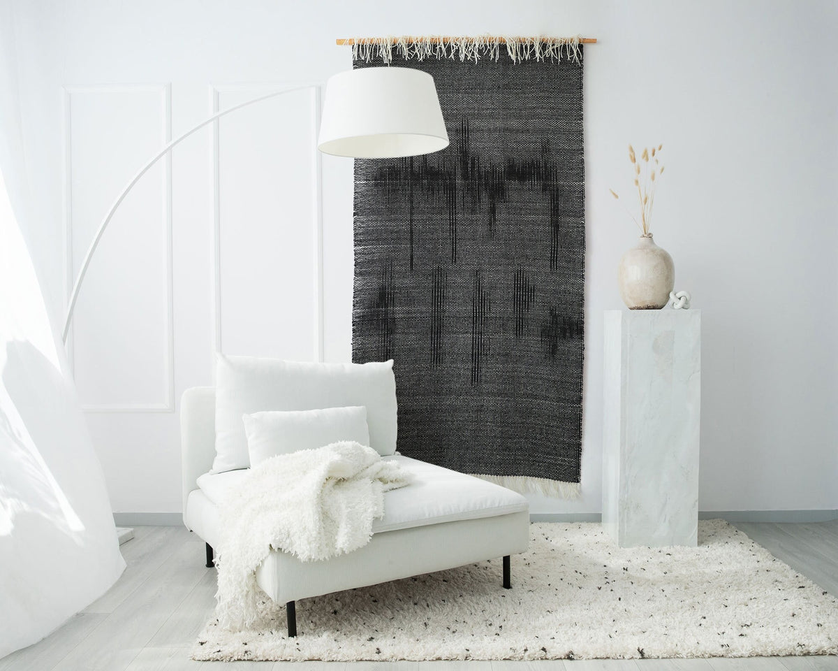 Misty Ink large handwoven wool wall hanging in deep charcoal and black, by Lale Studio & Shop