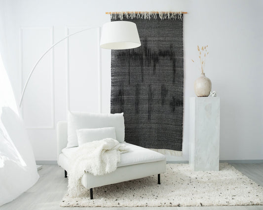 Misty Ink large handwoven wool wall hanging in deep charcoal and black, by Lale Studio & Shop