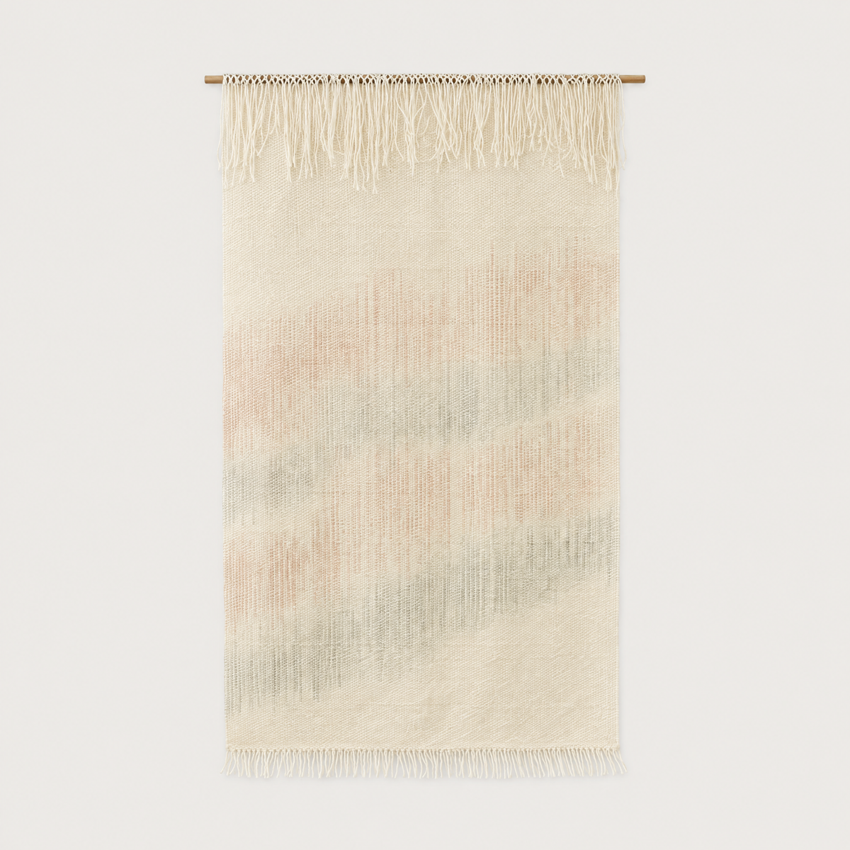 Misty Pearl handwoven wool wall hanging, soft pearl tones on bamboo rod, packshot, Lale Studio & Shop