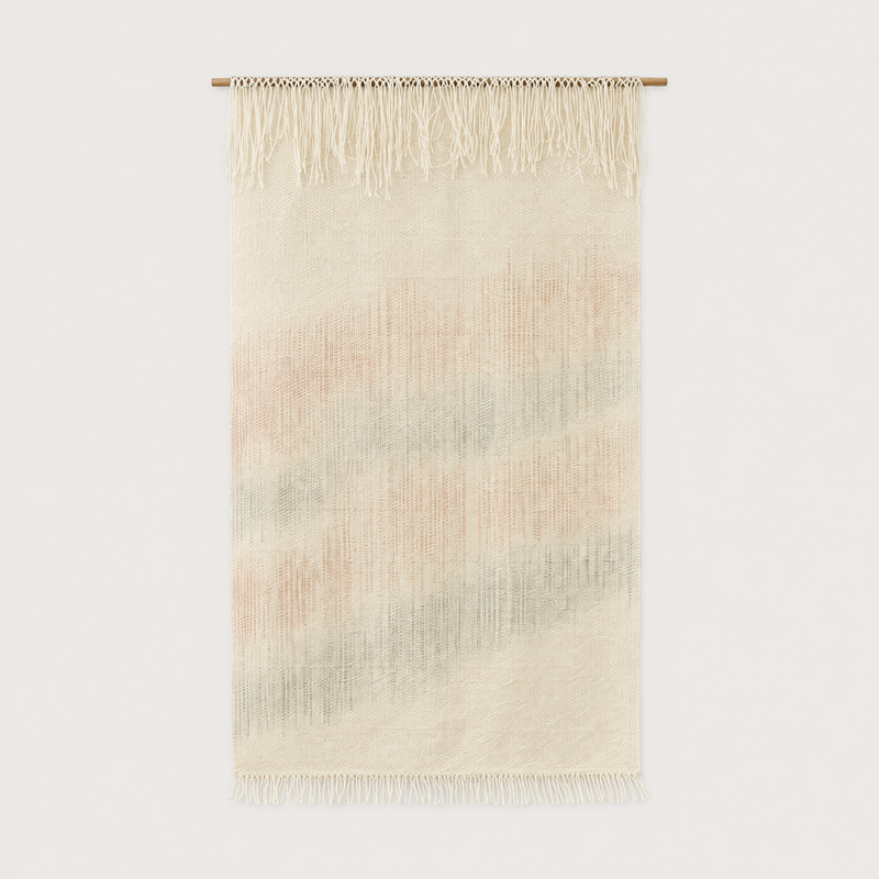 Misty Pearl handwoven wool wall hanging, soft pearl tones on bamboo rod, packshot, Lale Studio & Shop