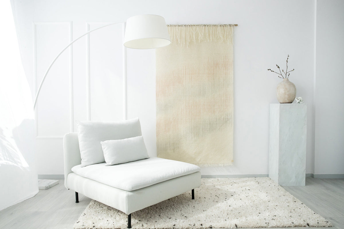 Misty Pearl handwoven wool wall hanging in luminous cream and beige with soft rust and grey accents, by Lale Studio & Shop