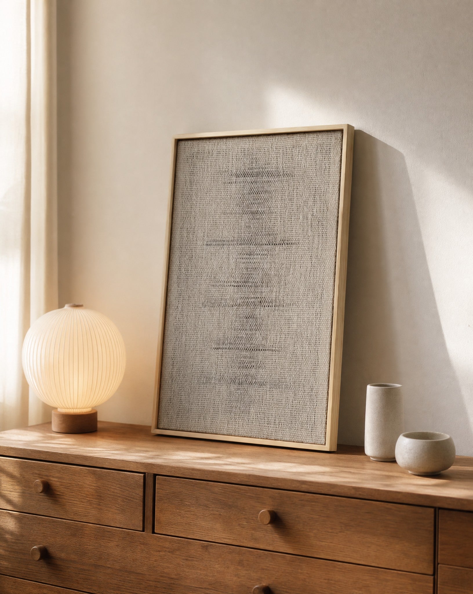 Njolle handwoven wool tapestry in a slim pine frame leaning on a wooden chest of drawers with a warm lamp, styled interior, textile wall art by Lale Studio & Shop