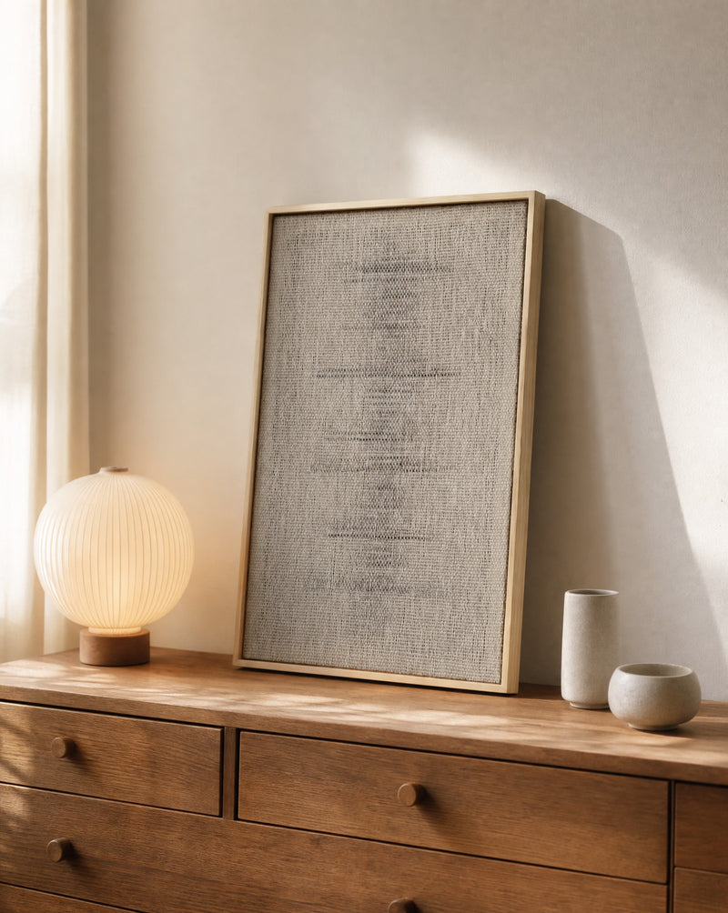 Njolle handwoven wool tapestry in a slim pine frame leaning on a wooden chest of drawers with a warm lamp, styled interior, textile wall art by Lale Studio & Shop