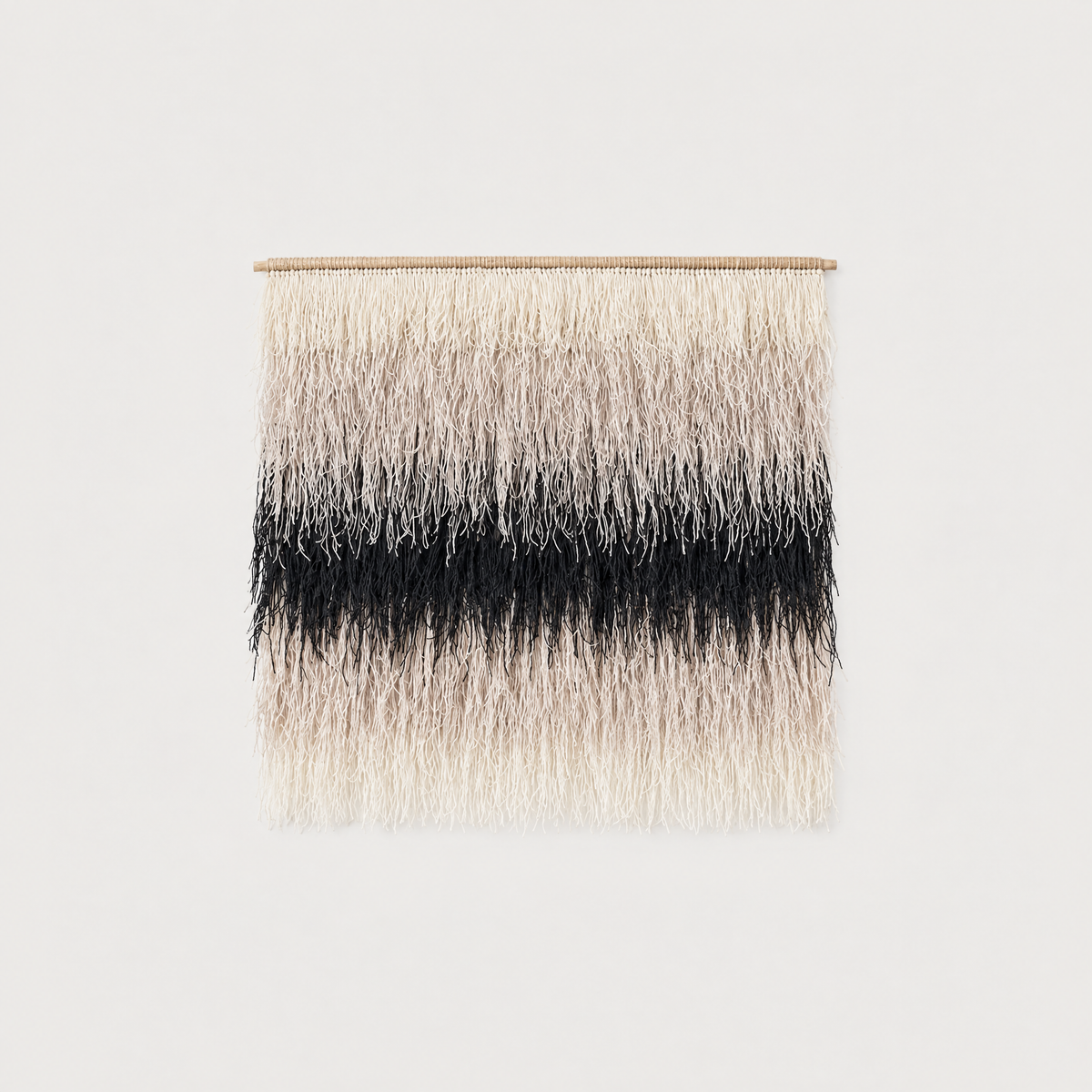 Nude shaggy handwoven wool wall hanging cream and black tapestry Lale Studio & Shop