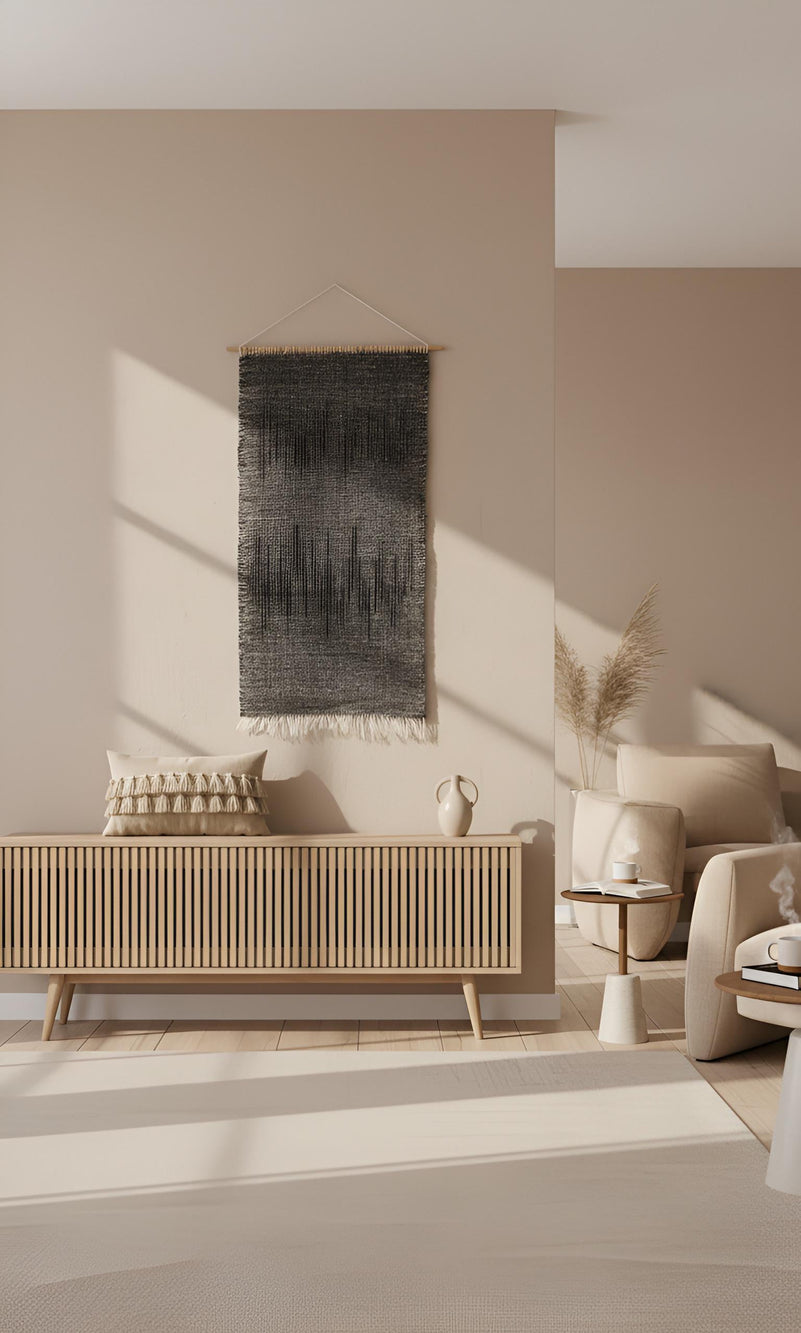 Nyora wall hanging in a minimalist japandi living room — handwoven charcoal wool textile art by Lale Studio & Shop