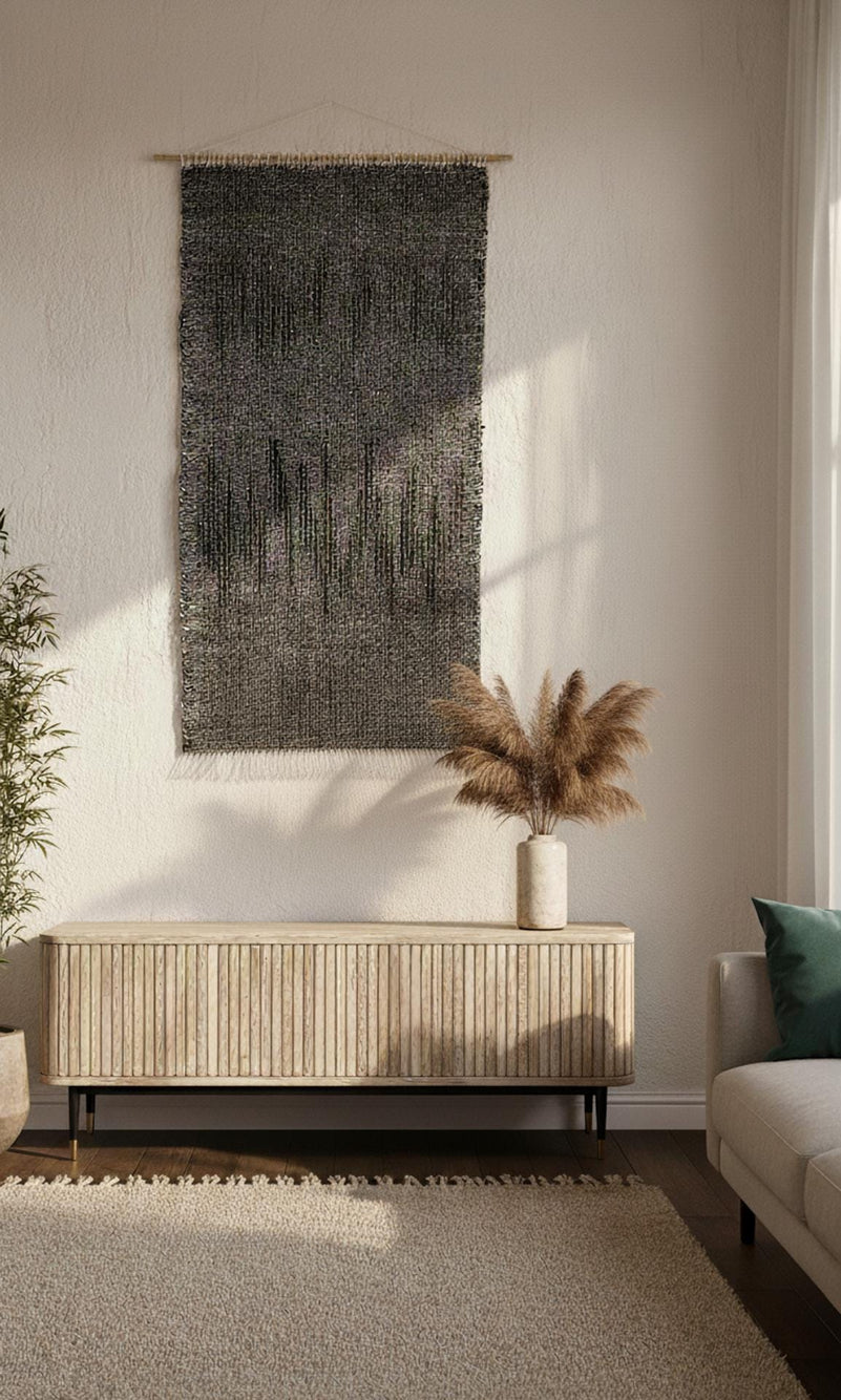 Close texture of Nyora's charcoal and cream speckled wool — handmade tapestry by Lale Studio & Shop