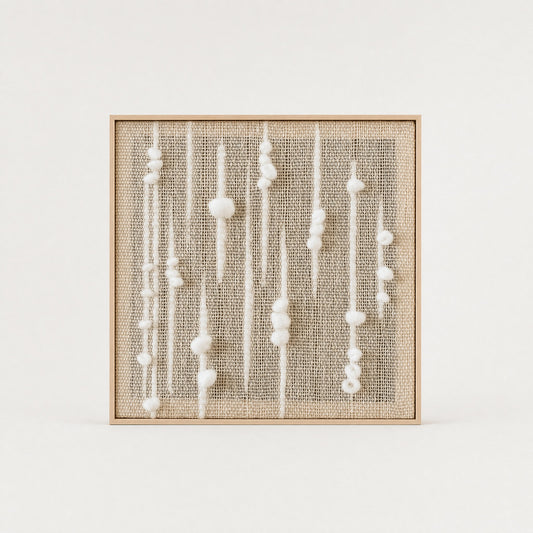 Olit square handwoven two-ply wool tapestry with vertical beaded strands of white wool nubs on a natural beige weave in a slim light wood frame, framed textile wall art by Lale Studio & Shop