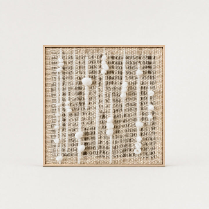Olit square handwoven two-ply wool tapestry with vertical beaded strands of white wool nubs on a natural beige weave in a slim light wood frame, framed textile wall art by Lale Studio & Shop
