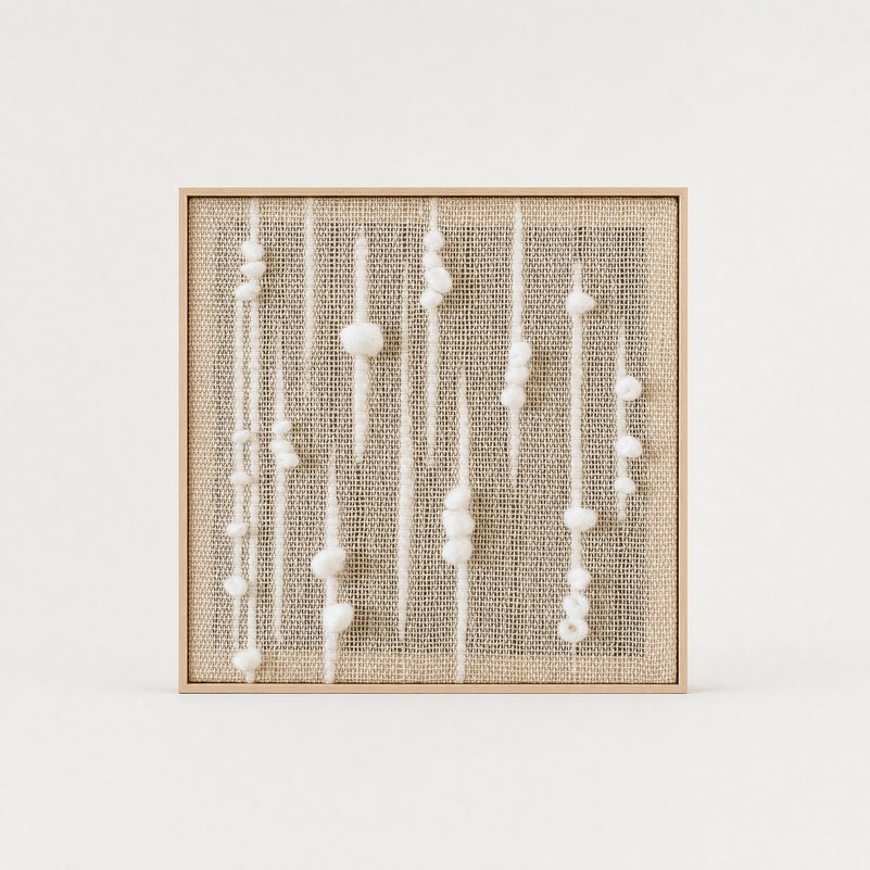 Olit square handwoven two-ply wool tapestry with vertical beaded strands of white wool nubs on a natural beige weave in a slim light wood frame, framed textile wall art by Lale Studio & Shop