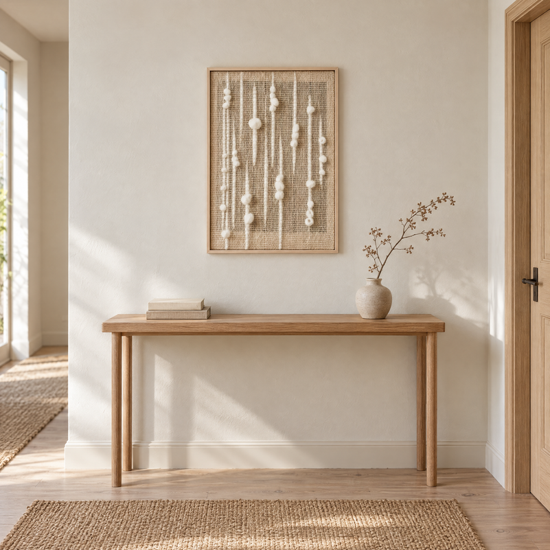 Olit framed handwoven wool tapestry 60x100 cm above an oak console in an entrance hall, Lale Studio Shop