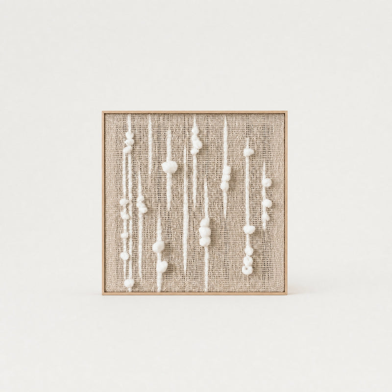 Olit minimalist square handwoven two-ply wool tapestry in natural cream in a slim pine frame, framed textile wall art by Lale Studio & Shop