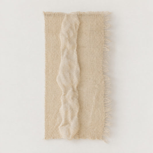 Perfecta frameless ivory woven wall hanging with a delicate open weave and a narrow central wave, full front view