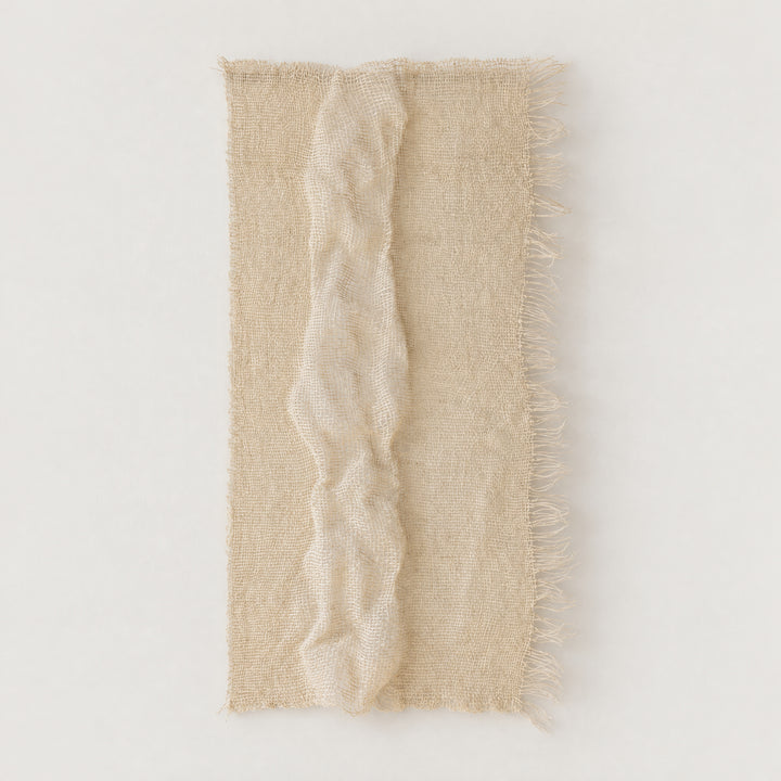 Perfecta frameless ivory woven wall hanging with a delicate open weave and a narrow central wave, full front view
