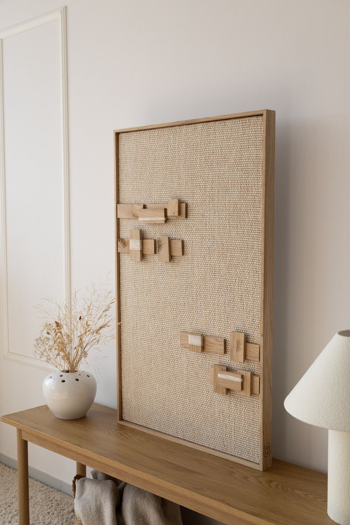 Quiet Form handwoven wool and oak wall art, view 7