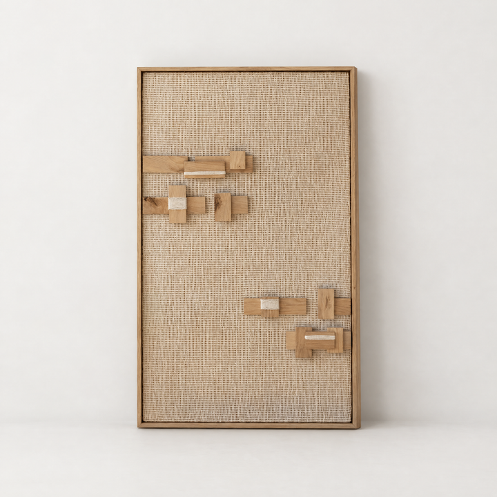 Quiet Form framed handwoven wool tapestry with horizontal oak wood bars, standing packshot, Lale Studio Shop