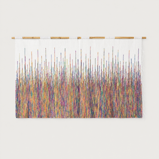Rainbow handwoven colourful wool wall hanging on bamboo rod, packshot, Lale Studio & Shop